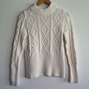 Burgess white cable knit heavy cotton crewneck sweater size small